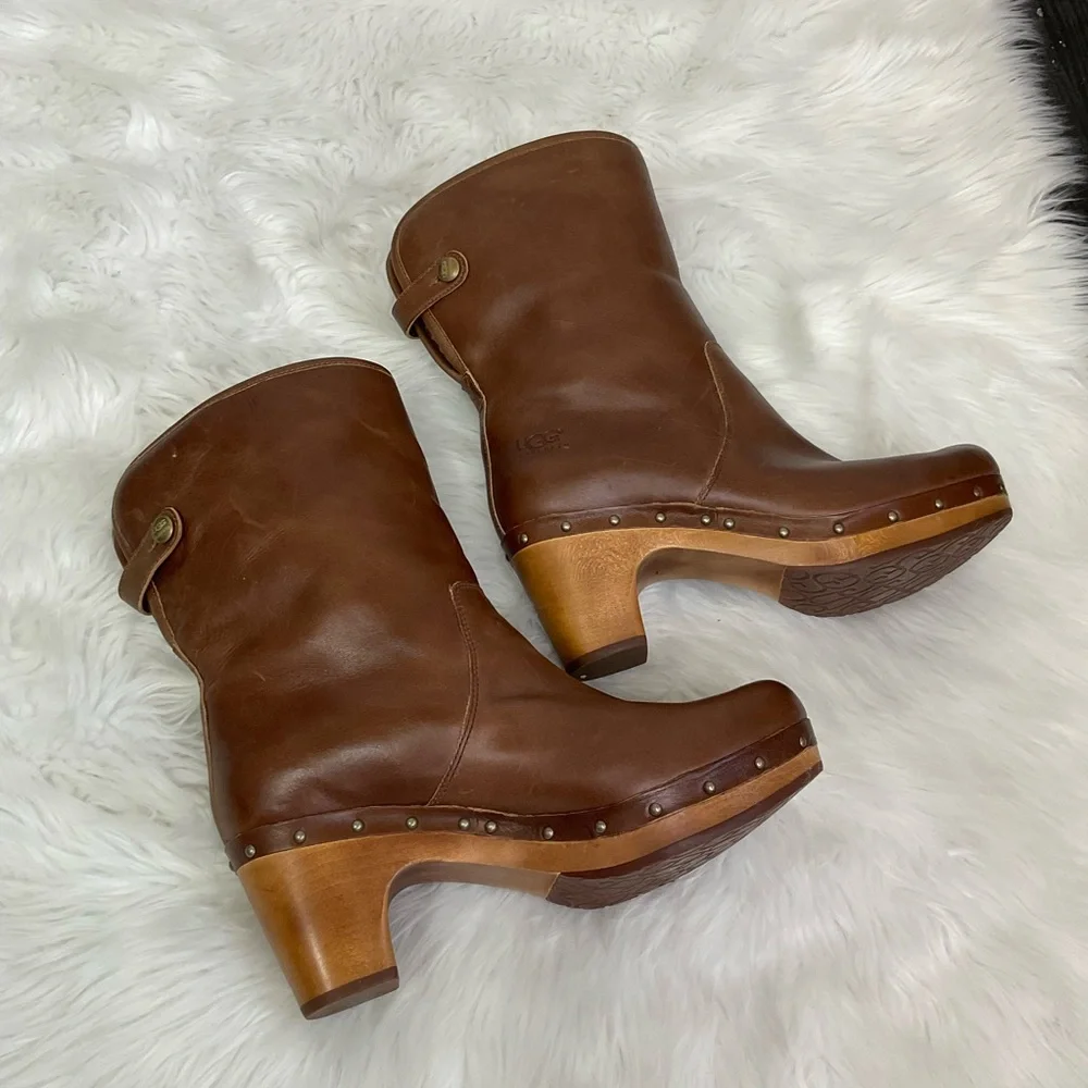 UGG Women's Chestnut Brown Lynnea Leather Boots Size 8 - Picture 8 of 13